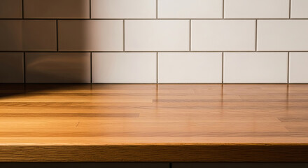 Empty wooden kitchen countertop with clean white subway tile backsplash, perfect blank background for food photography, cooking content, product placement, or design mockups