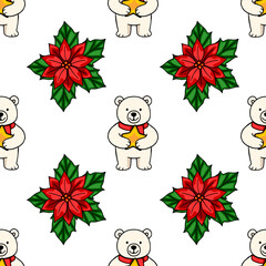 Seamless vector Christmas pattern with adorable polar bears holding golden stars and vibrant poinsettias, creating a festive and joyful winter design.