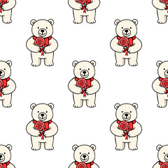 Seamless vector pattern of adorable polar bears holding red lollipops tied with ribbons, creating a charming and festive design perfect for winter holidays or sweet-themed projects.