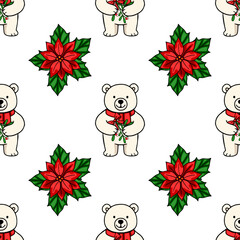 Seamless vector pattern featuring adorable polar bears wearing red scarves and holding mistletoe sprigs, interspersed with vibrant poinsettias, creating a charming Christmas design.