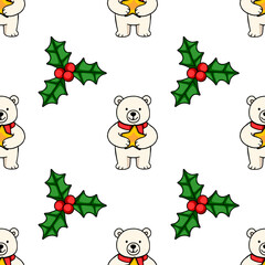 Seamless vector pattern featuring adorable polar bears holding golden stars and festive holly sprigs, perfect for Christmas-themed designs.