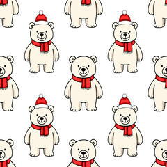 Seamless vector pattern of adorable polar bears wearing Santa hats and red scarves, perfect for festive Christmas designs and winter-themed projects.