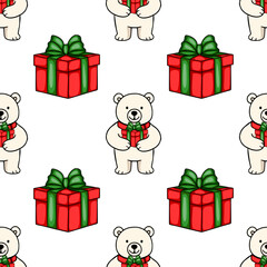 Seamless vector pattern featuring adorable polar bears holding Christmas presents, red and green gift boxes with bows, creating a cheerful holiday design ideal for festive backgrounds and wrapping...