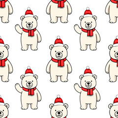Seamless vector pattern of adorable polar bears wearing Santa hats and red scarves, perfect for festive winter designs.