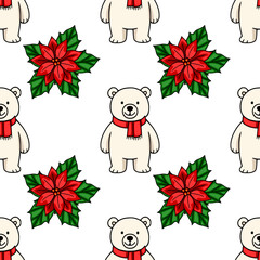 Seamless vector pattern featuring adorable polar bears wearing red scarves amidst vibrant poinsettia flowers, creating a cheerful Christmas design perfect for festive backgrounds and winter celebra...