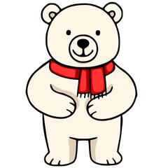 Adorable vector illustration of a cartoon polar bear wearing a red scarf, standing upright with a cheerful expression, perfect for winter-themed designs.