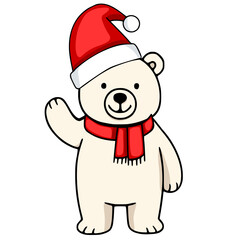 Adorable vector illustration of a cheerful polar bear wearing a Santa hat and red scarf, waving hello, perfect for festive designs.