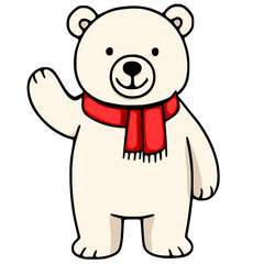 Adorable vector illustration of a friendly polar bear wearing a red scarf, waving hello, perfect for childrens books, winter-themed designs, or holiday greetings.