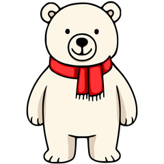 Obraz premium Adorable vector illustration of a cartoon polar bear wearing a red scarf, standing upright, showcasing a simplistic yet charming design ideal for childrens products or winter-themed projects.
