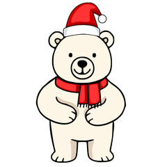 Adorable vector illustration of a cheerful polar bear wearing a Santa hat and a red scarf, perfect for Christmas cards or winter-themed designs.