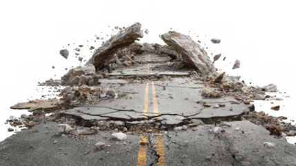 Collapsed road scattered with debris on a transparent background, illustrating earthquake destruction and the dramatic impact of natural disasters on infrastructure