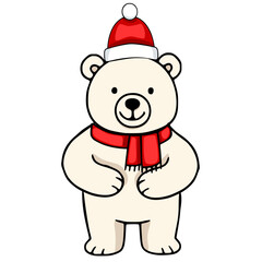 Adorable vector illustration of a cheerful polar bear wearing a Santa hat and a red scarf, perfect for Christmas cards and winter-themed designs.