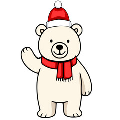 Adorable vector illustration of a friendly polar bear wearing a Santa hat and red scarf, waving hello, perfect for festive designs.