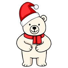 Adorable vector illustration of a cheerful polar bear wearing a Santa hat and red scarf, perfect for Christmas cards or winter-themed designs.