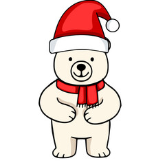 Adorable vector illustration of a cheerful polar bear wearing a Santa hat and a red scarf, perfect for Christmas cards and festive designs.