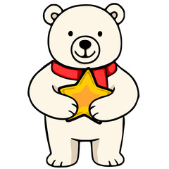 Adorable vector illustration of a polar bear wearing a red scarf and holding a golden star, showcasing a charming and festive design.