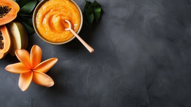 A luscious bowl of papaya puree garnished with tropical elements, showcasing a rich and vibrant color palette, ideal for highlighting healthy concoctions and vibrant flavors.