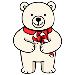Adorable vector illustration of a cheerful polar bear wearing a red scarf and holding a candy cane, perfect for winter holiday designs.