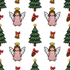 Seamless vector Christmas pattern featuring cute angels, fir trees, bells, pine cones, and stars, perfect for festive designs and winter holidays.