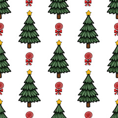 Seamless vector pattern featuring stylized Christmas trees adorned with yellow stars and accompanied by red lollipops with bows, creating a festive and cheerful winter design.