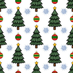 Seamless vector pattern featuring stylized Christmas trees, snowflakes, and ornaments in a cheerful, cartoonish style, perfect for festive designs and winter celebrations.