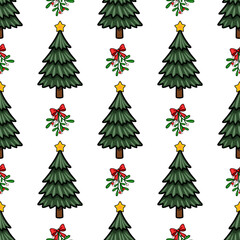 Seamless vector Christmas pattern featuring stylized Christmas trees adorned with yellow stars, complemented by mistletoe sprigs tied with red bows, creating a festive and cheerful winter design.