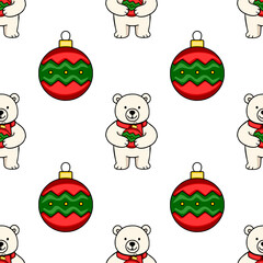 Seamless vector pattern featuring adorable polar bears in red scarves, each holding a festive red and green Christmas bauble, creating a charming winter holiday design.