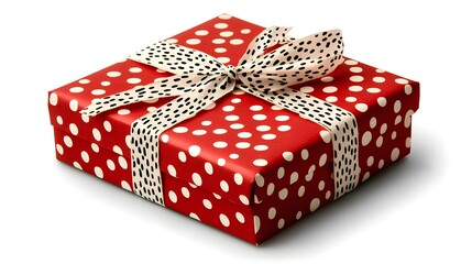 Red polka dot gift box, ribbon, white background