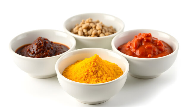 Colorful condiments filling small ceramic bowls on white background