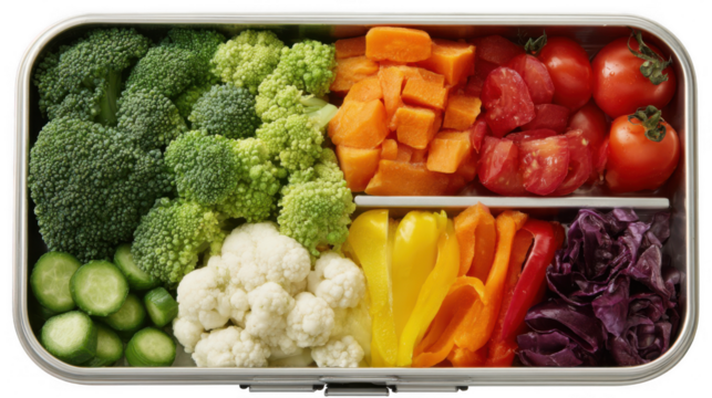 Colorful vegetable medley of sliced cucumbers, broccoli, cauliflower, carrots, cherry tomatoes, bell peppers, and shredded red cabbage neatly arranged in silver lunchbox on transparent background