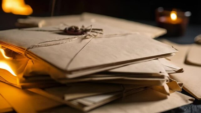 Stack of old brown paper envelopes tied with string and a wax seal burning in firelight with a glowing candle in the background.