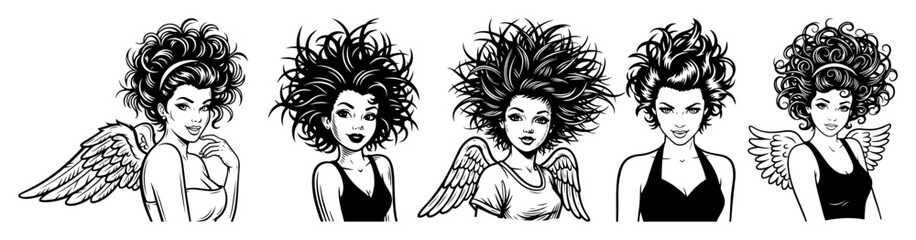retro angel pin up girl set with curly hair and wings
