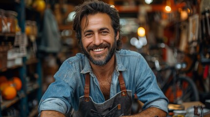 A joyful craftsman in a cozy workshop surrounded by tools and items he's made exudes creativity and passion for his craft, showcasing the essence of artisanal workmanship.