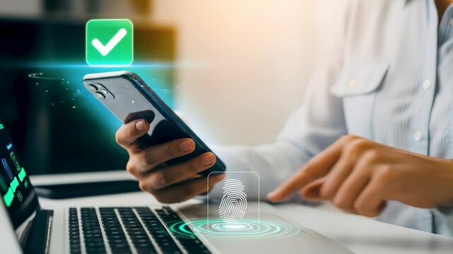 Businessman using a smartphone and laptop with a fingerprint icon appearing, representing two-factor authentication for secure access and data protection. - Powered by Adobe