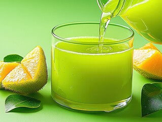 Refreshing Green Melon Juice Poured Into a Clear Glass with Slices on Green Background
