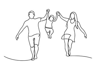 Continuous one line drawing of happy family holding hands, walking together.