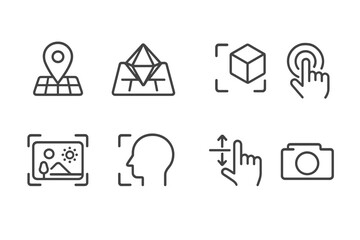 AR App Icon Set. Line style icons for AR application features: geo-location, AR map, object placement, virtual button, environment