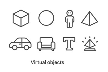 Line Style Virtual Icons. Line style icons for virtual objects: cube, sphere, pyramid, character, vehicle, furniture, text,