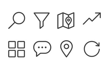 Search Icons Collection. Line style icons for search and discovery: magnifying glass, filters, map, trending, categories,