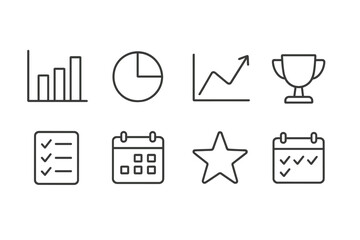 Progress Icon Set. Line style icons for progress monitoring: bar chart, pie chart, line graph, checklist, calendar, trophy, star,