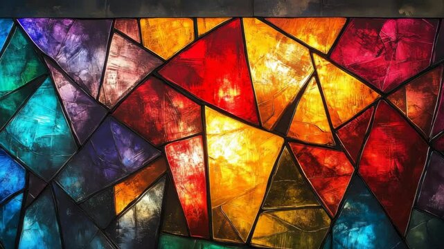 Abstract Stained Glass Background Animation with a slow zoom into, modern mosaic glowing with rich, textured colors, ideal for religious services, artistic presentations, or as a serene backdrop.