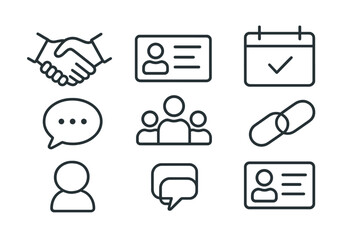 Networking Icon Set. Line style icons for networking: handshake, business card, event, calendar, speech bubble, group, link,