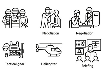 Police Operation Icons. Line style icons of police operations: SWAT team, hostage rescue, negotiation, raid, tactical gear,