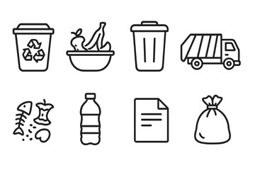 Restaurant Waste Icons. Line style icons of restaurant waste management: recycling bin, compost, trash bin, garbage truck, food