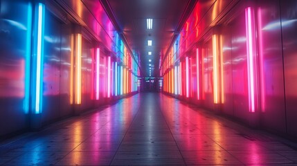 Fototapeta premium A vibrant corridor illuminated with colorful neon lights, showcasing a blend of modern design and dynamic ambiance that captivates the viewer's attention and imagination.