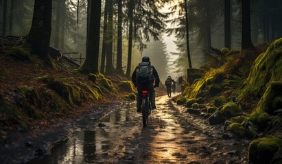 Obraz premium Two mountain bikers navigating a misty forest path, surrounded by lush greenery and soft morning light, highlighting the thrill of adventure and the beauty of the outdoors.