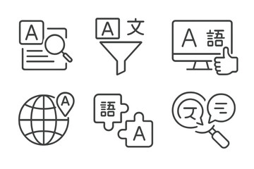 Multilingual Support Icons. Line style icons of multilingual support: translated search result icon, multilingual filter, language