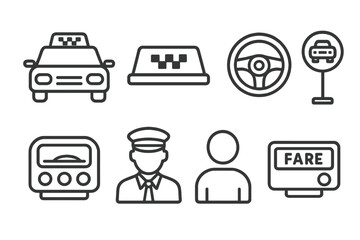 Taxi Icon Set. Line style icons of taxi: taxi car, taxi sign, steering wheel, meter, driver, passenger, taxi stand, fare meter.