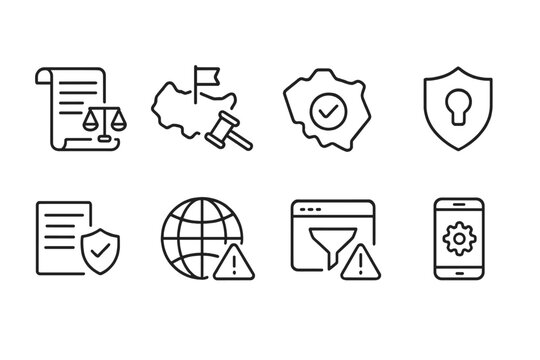 Localization Line Icons. Line style icons of localization: legal compliance, country law icon, policy region, terms & conditions
