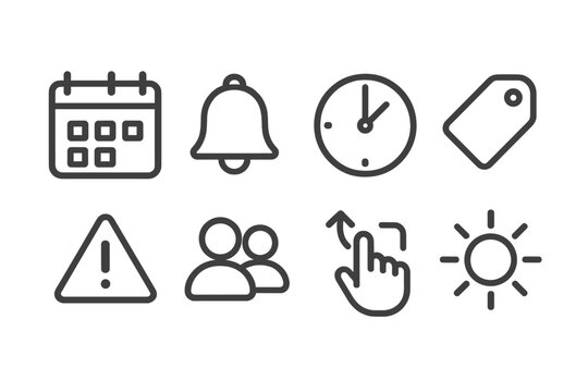 Personalization Line Icons. Line style icons of personalization: calendar view type, reminder tone icon, alert time setting, color